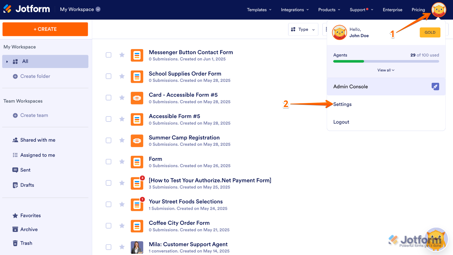 Workspace showing a user clicking their Profile Picture on the top-right and selecting Settings to open Account Settings