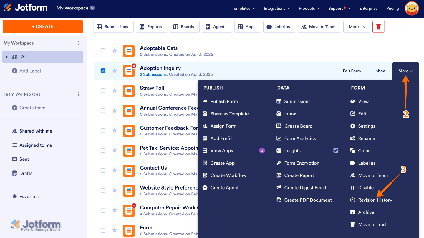 Workspace showing a form with the More menu open and the Revision History option selected