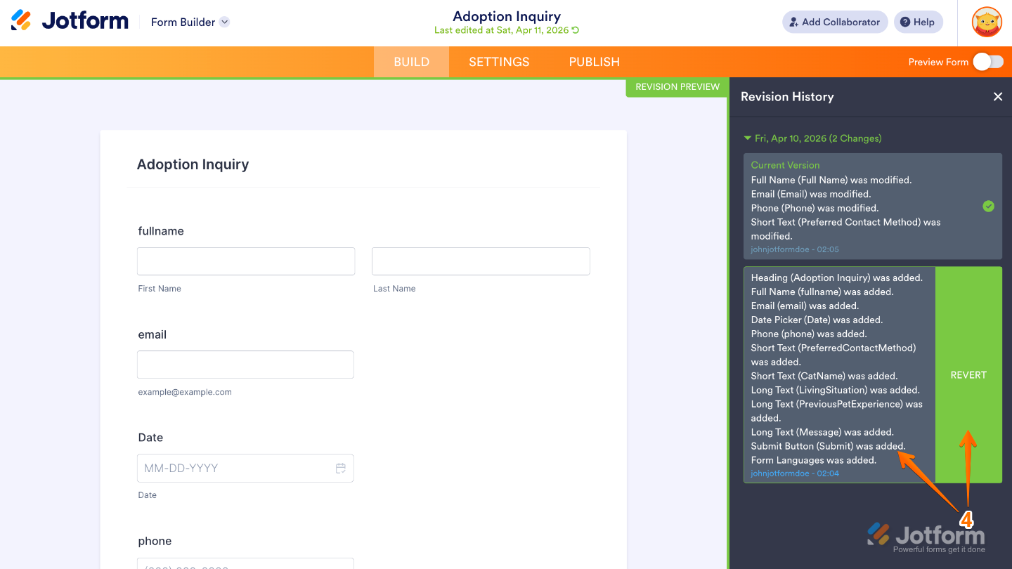 Revision History panel showing a selected revision with the Revert button on the right side