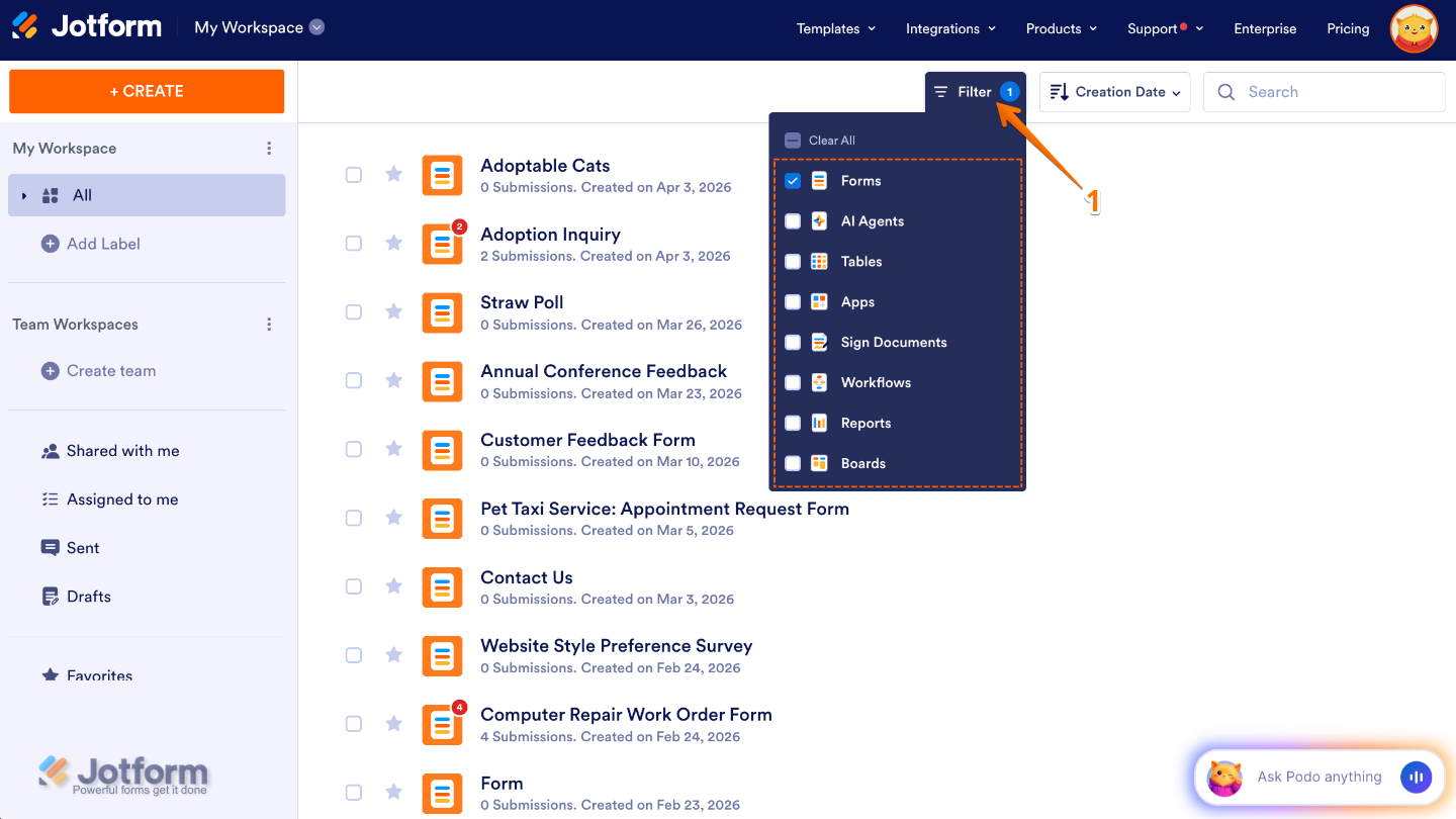 My Workspace page with the  Filter dropdown menu open and only Forms selected to filter visible assets