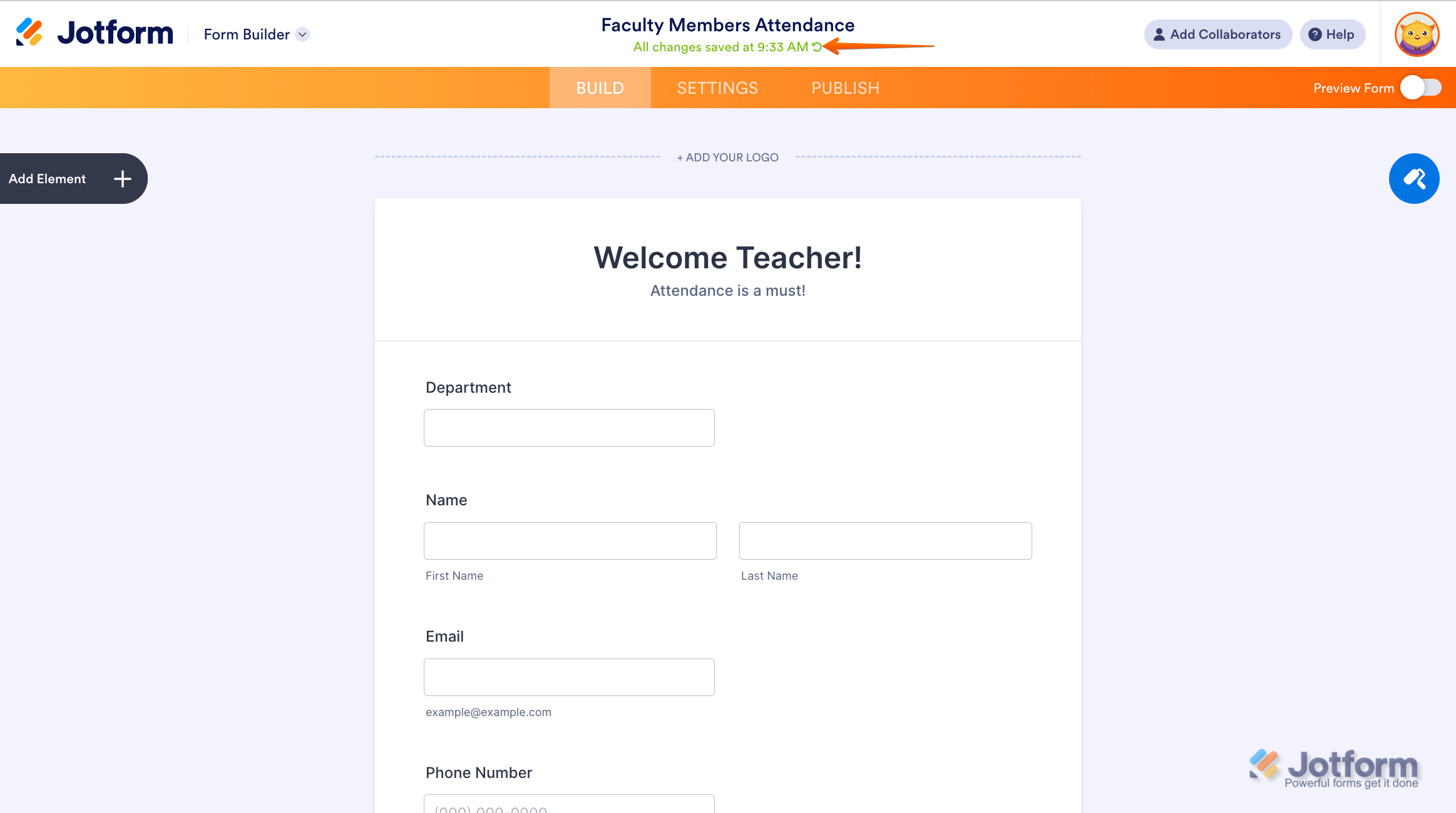 Form Builder interface highlighting the Circular Arrow icon under the form title for accessing revision history
