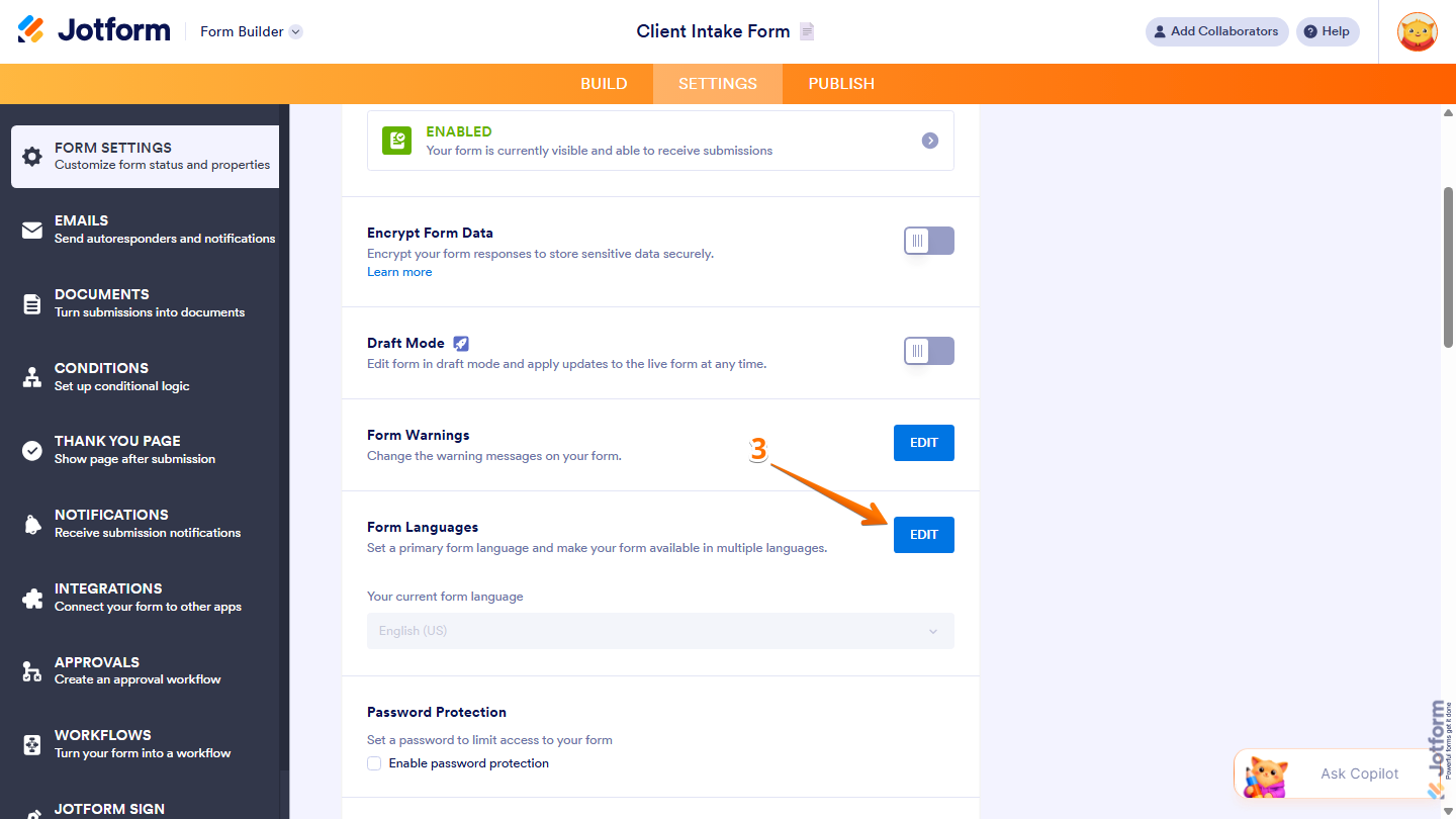 Form Settings page showing Form Languages section with Edit button in Jotform