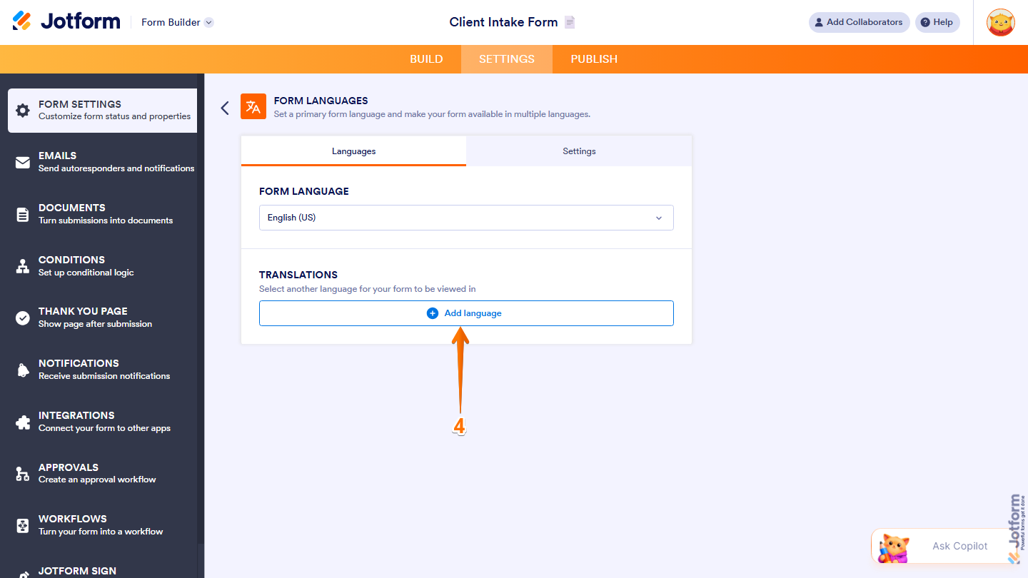 Form Languages settings showing Add Language button in the Translations section in Jotform