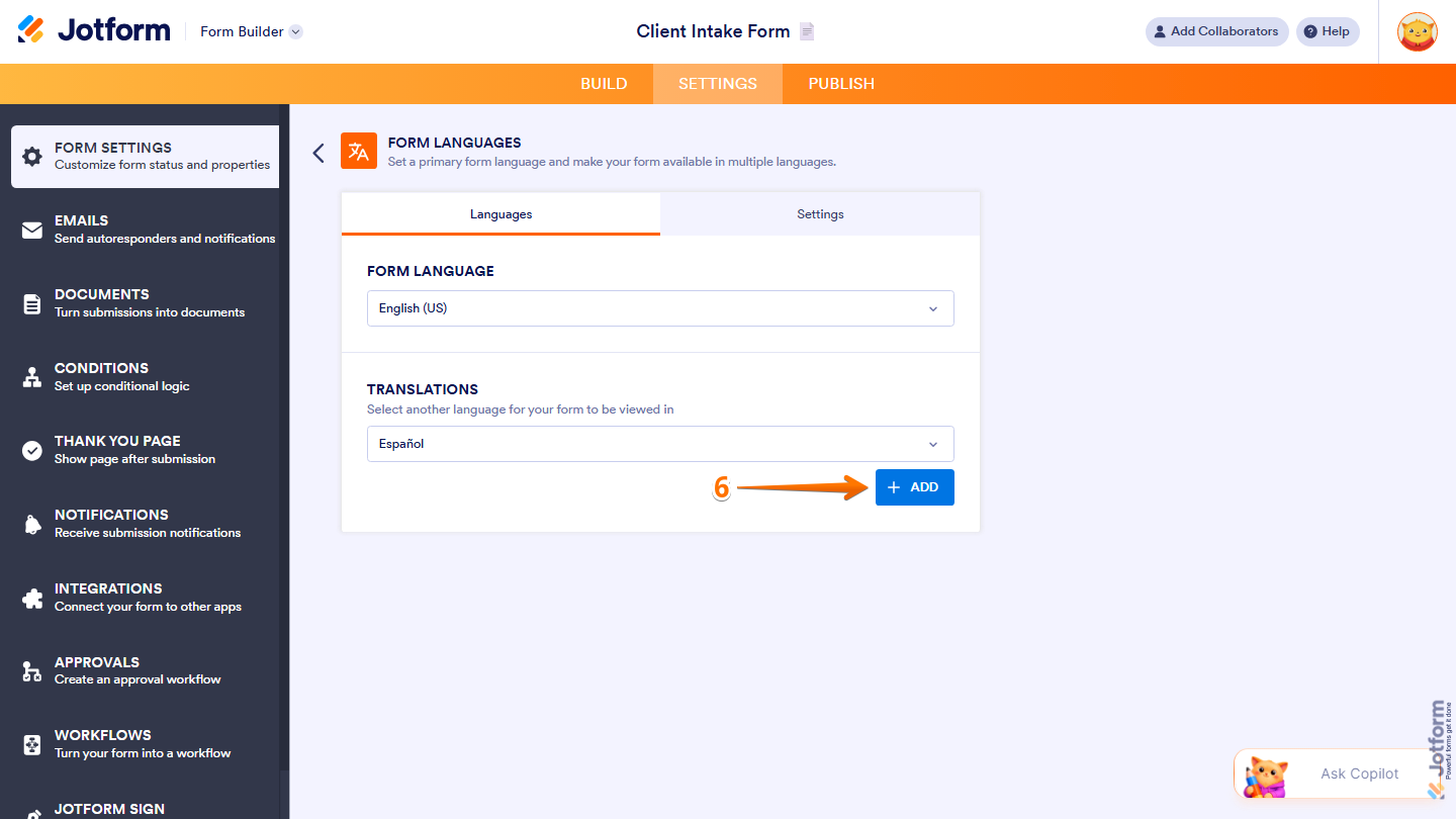 Form Languages settings showing Add button for selected language in Jotform