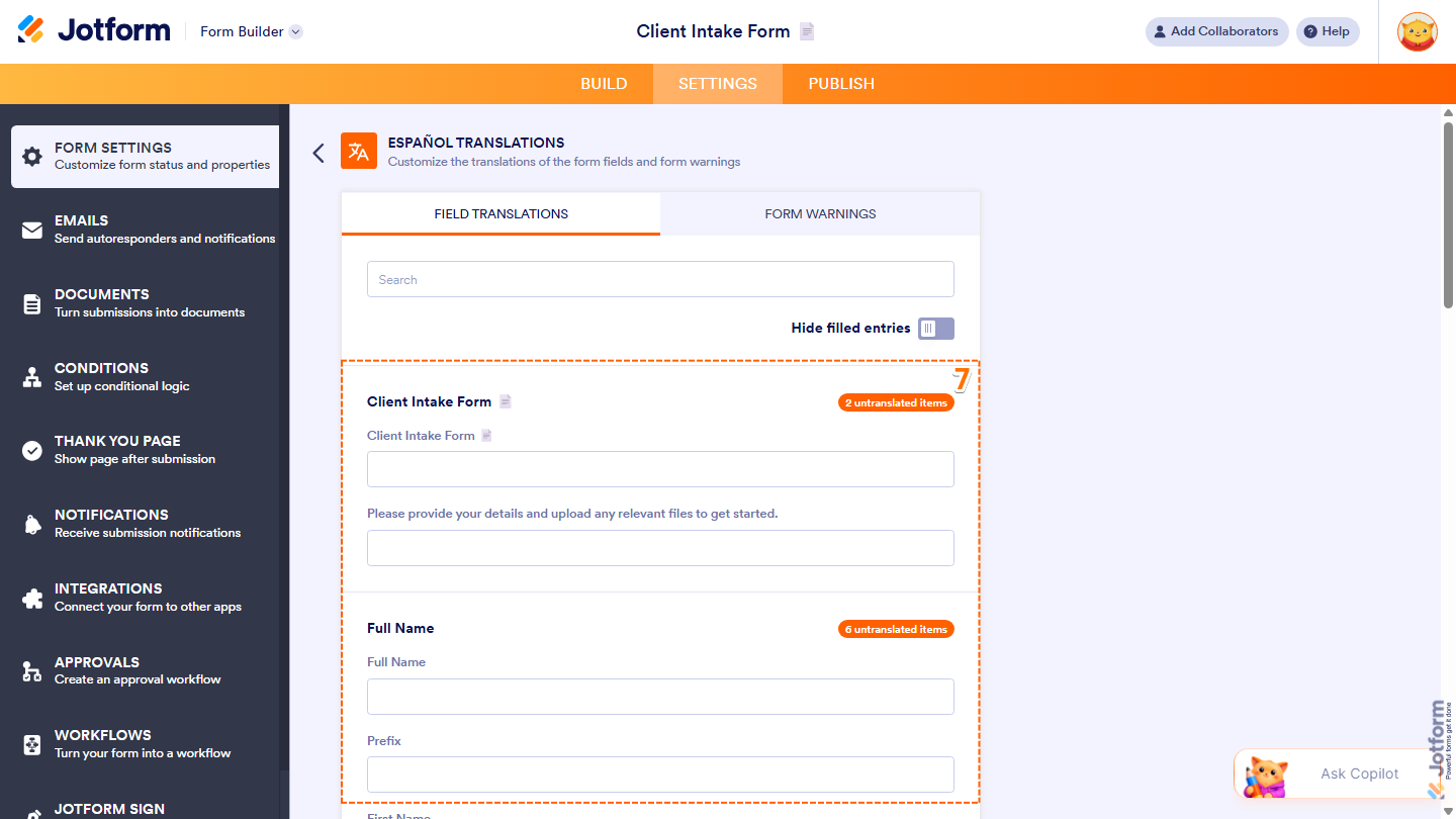 Form Languages settings showing Field Translations tab with editable translation fields in Jotform