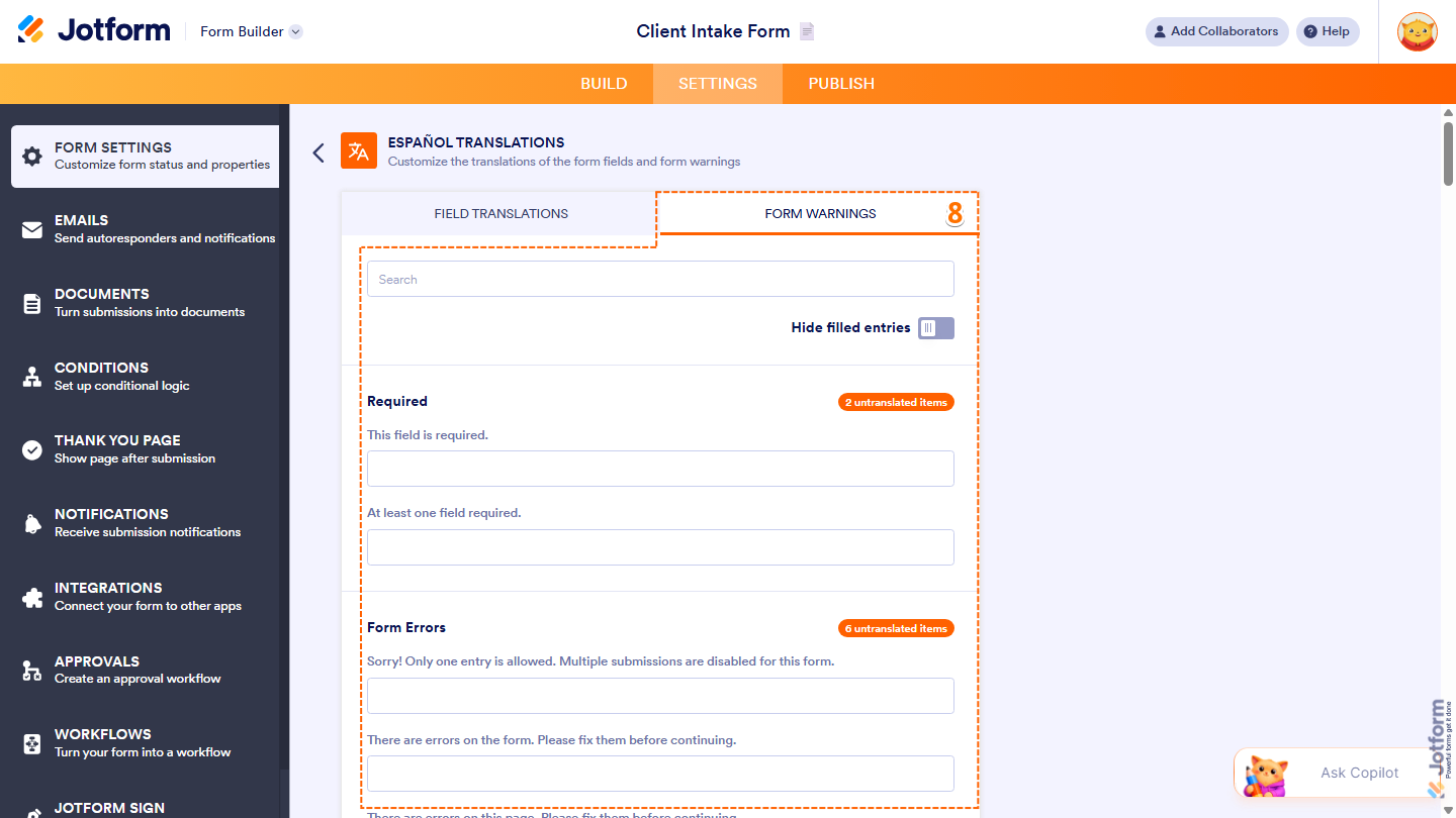 Form Languages settings showing Form Warnings tab with editable warning translations in Jotform