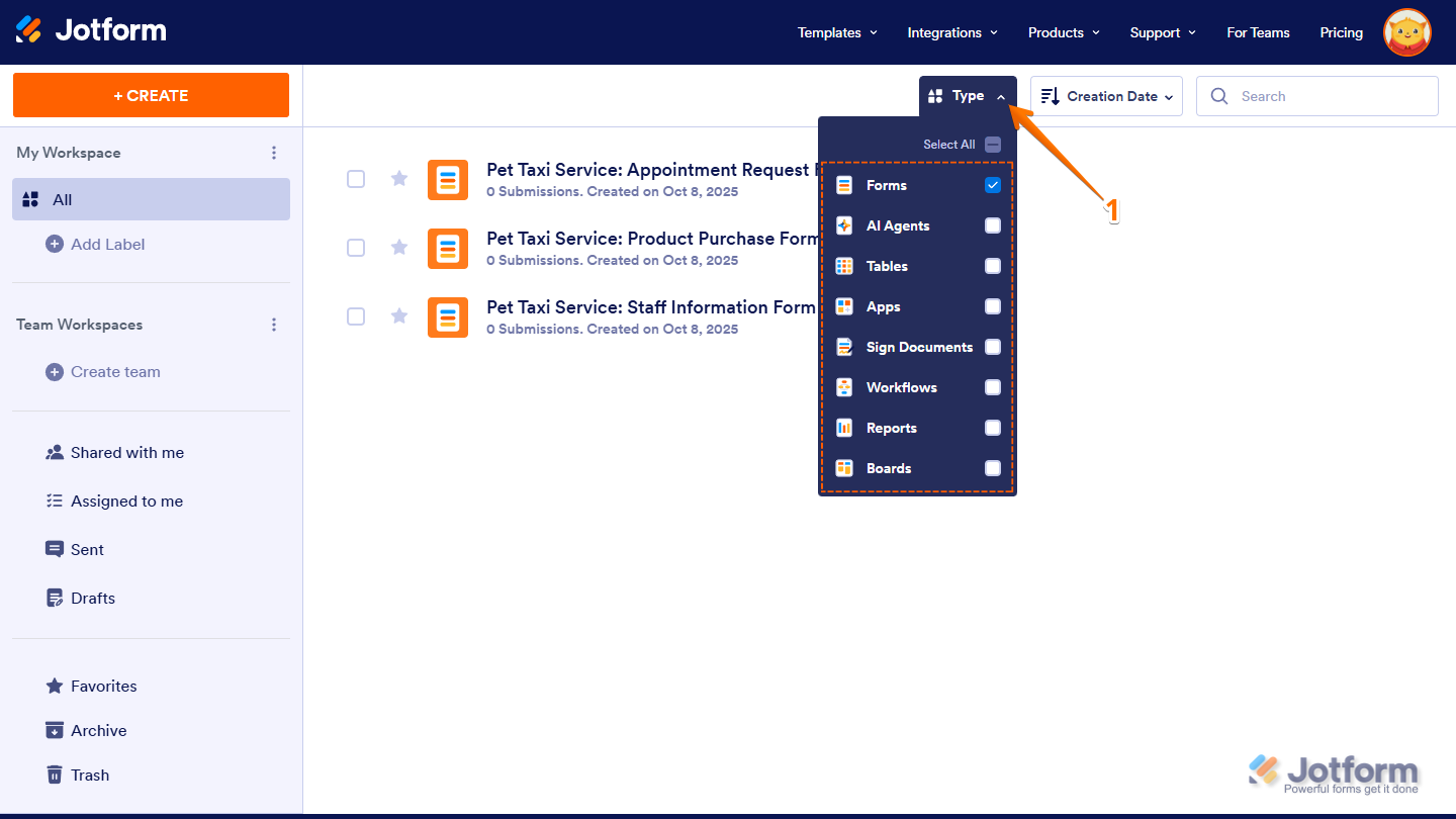 Forms option checked in the Type dropdown menu on the Jotform My Workspace page