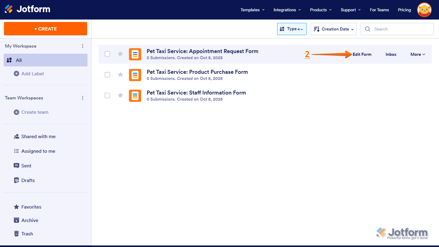 Edit Form in Jotform Workspace
