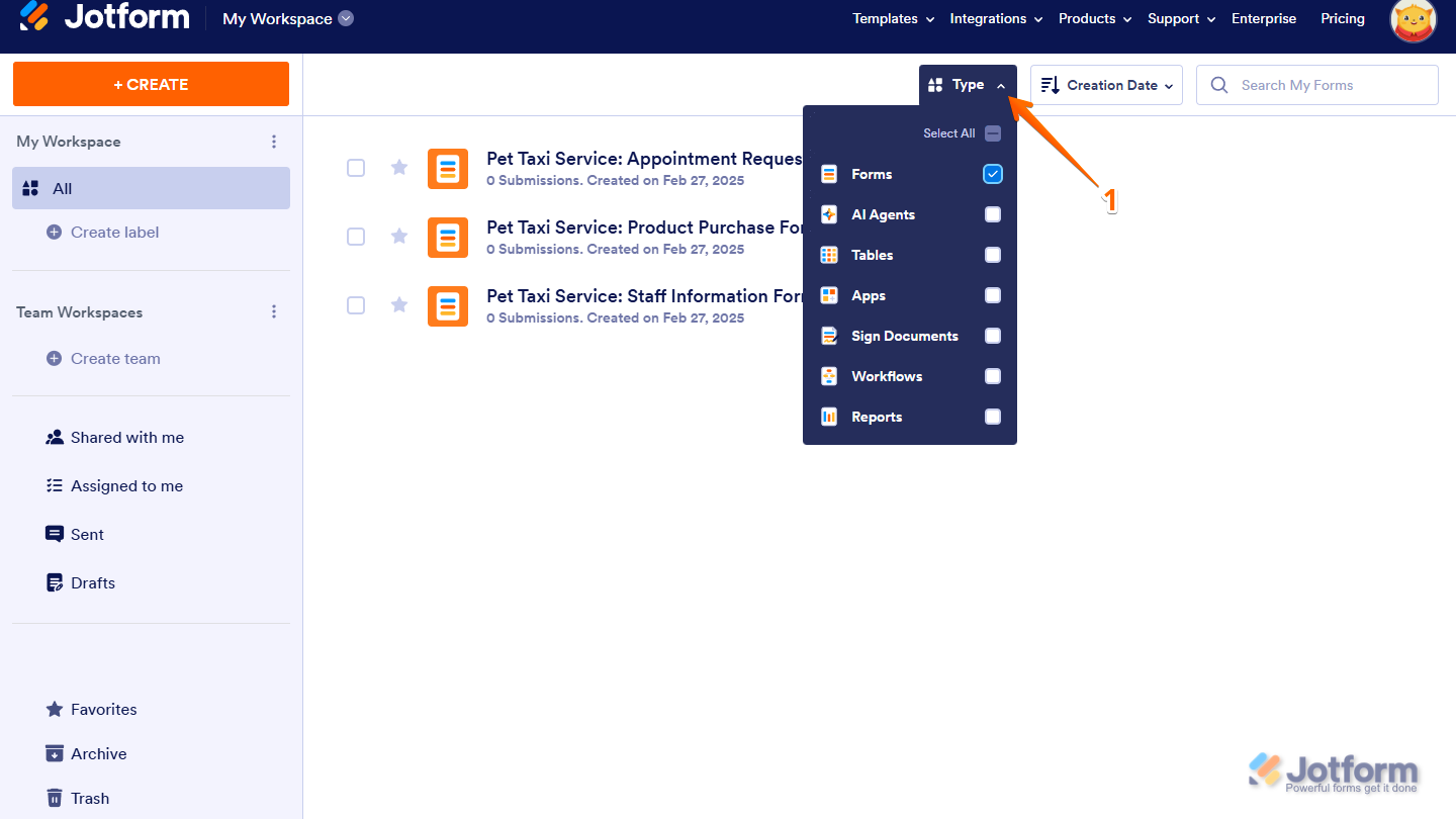 Option Formulaires cochée dans le menu déroulant Type sur la page Mon Espace de Travail de Jotform