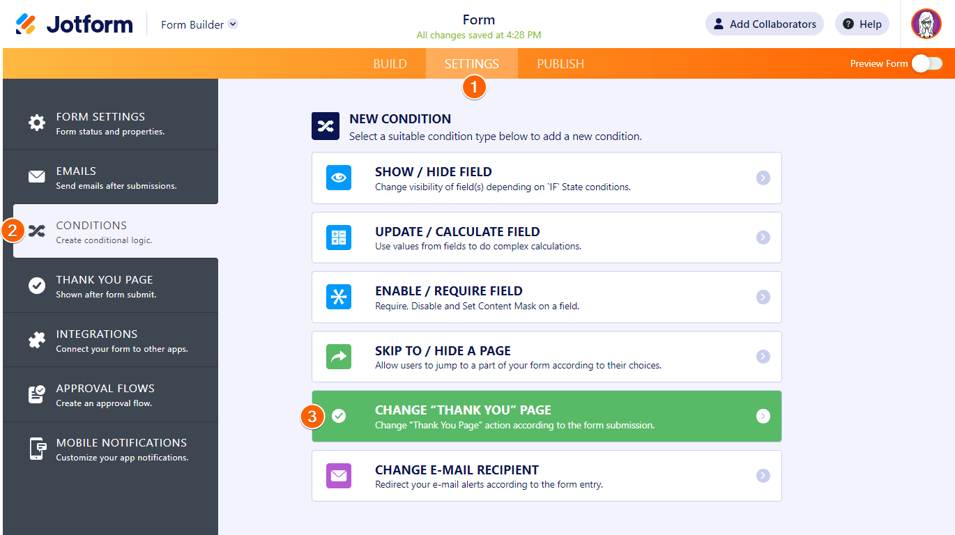 Steps to add a Change Thank You Page condition in Jotform Form Builder Screenshot 10
