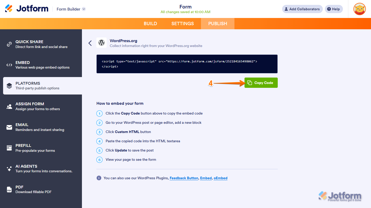 Copy Code button of the WordPress