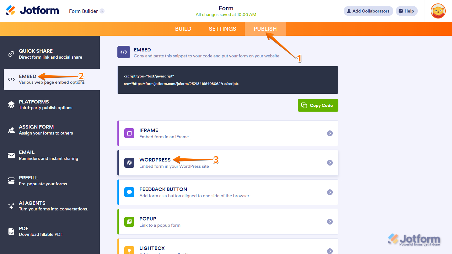 WordPress option under the Embed section of the Publish tab in the Jotform Form Builder