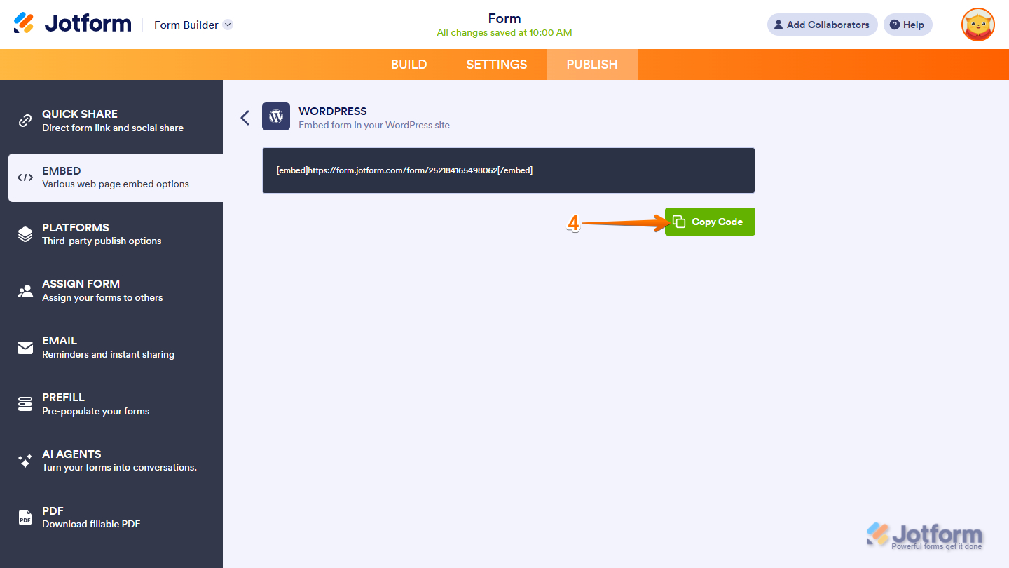 Copy Code button in the WordPress option