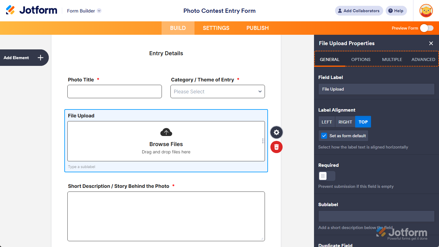 Different tabs of the File Upload Properties menu in Jotform Form Builder