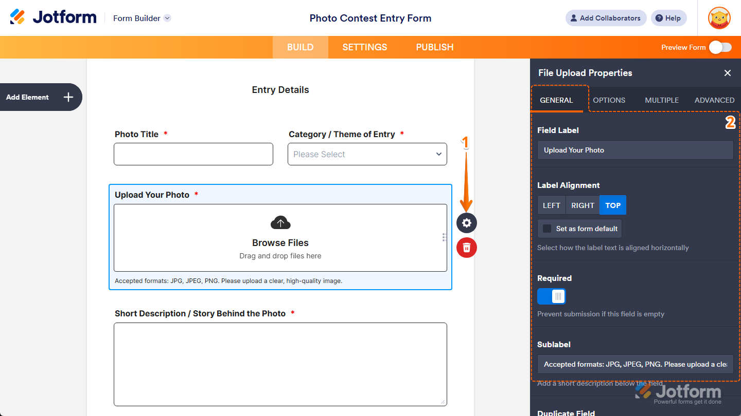 Different properties under the General tab of the File Upload Properties menu in Jotform Form Builder