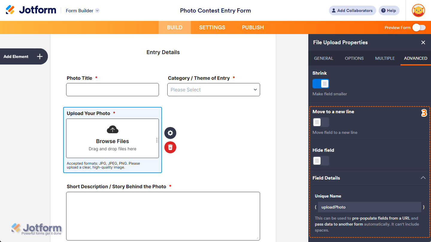 Other properties under the Advanced tab of the File Upload Properties menu in Jotform Form Builder