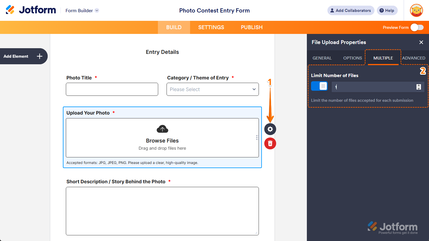 Limit Number of Files property under the Multiple tab of the File Upload Properties menu in Jotform Form Builder