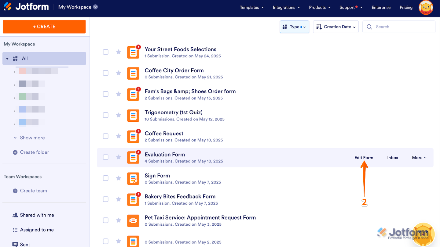 Workspace showing a user hovering over a form and clicking the Edit Form button on the right side