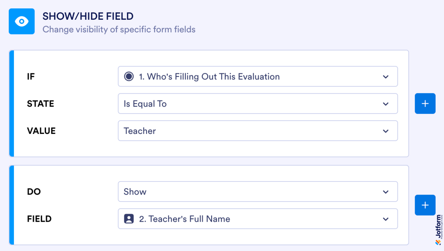 Form Builder displaying an example condition setup showing which field is affected and the condition logic applied