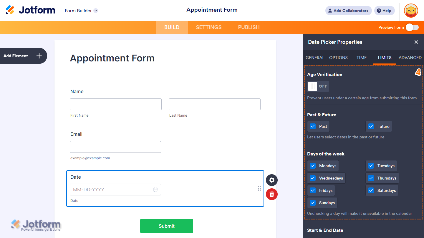 Configuring date limits under the Limits tab in the Date Picker properties panel in Jotform