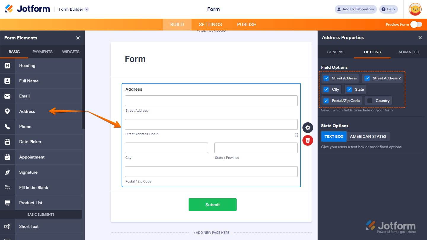 Full Name element in Jotform Form Builder with options for Prefix, Middle Name, and Suffix for Salesforce integration