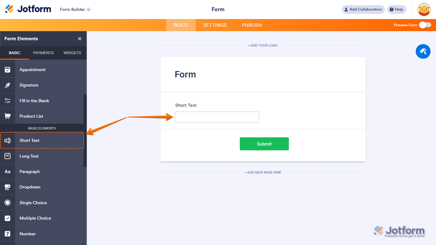 Short Text element in Jotform Form Builder used for mapping custom fields to Salesforce with default value set