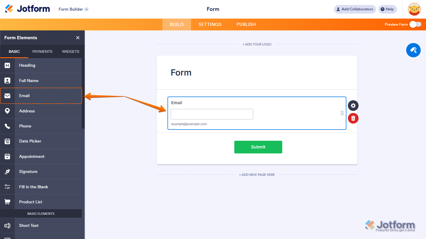 Email element in Jotform Form Builder for capturing properly formatted email addresses for Salesforce integration