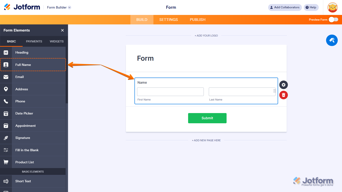 Full Name element in Jotform Form Builder under Basic Elements tab with options for prefix, middle name, and suffix