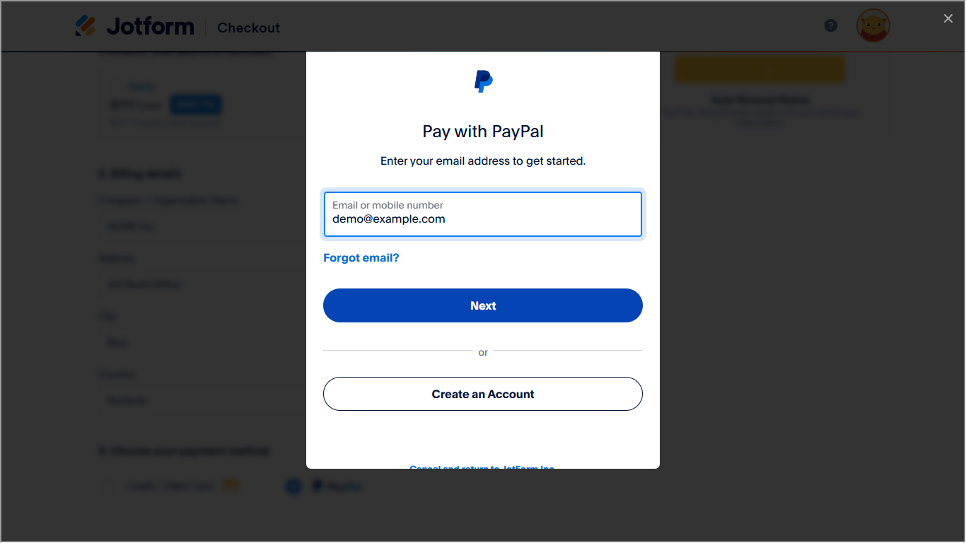 A PayPal login dialog in Jotform Checkout Screenshot 115 Screenshot 75 Screenshot 75 Screenshot 107