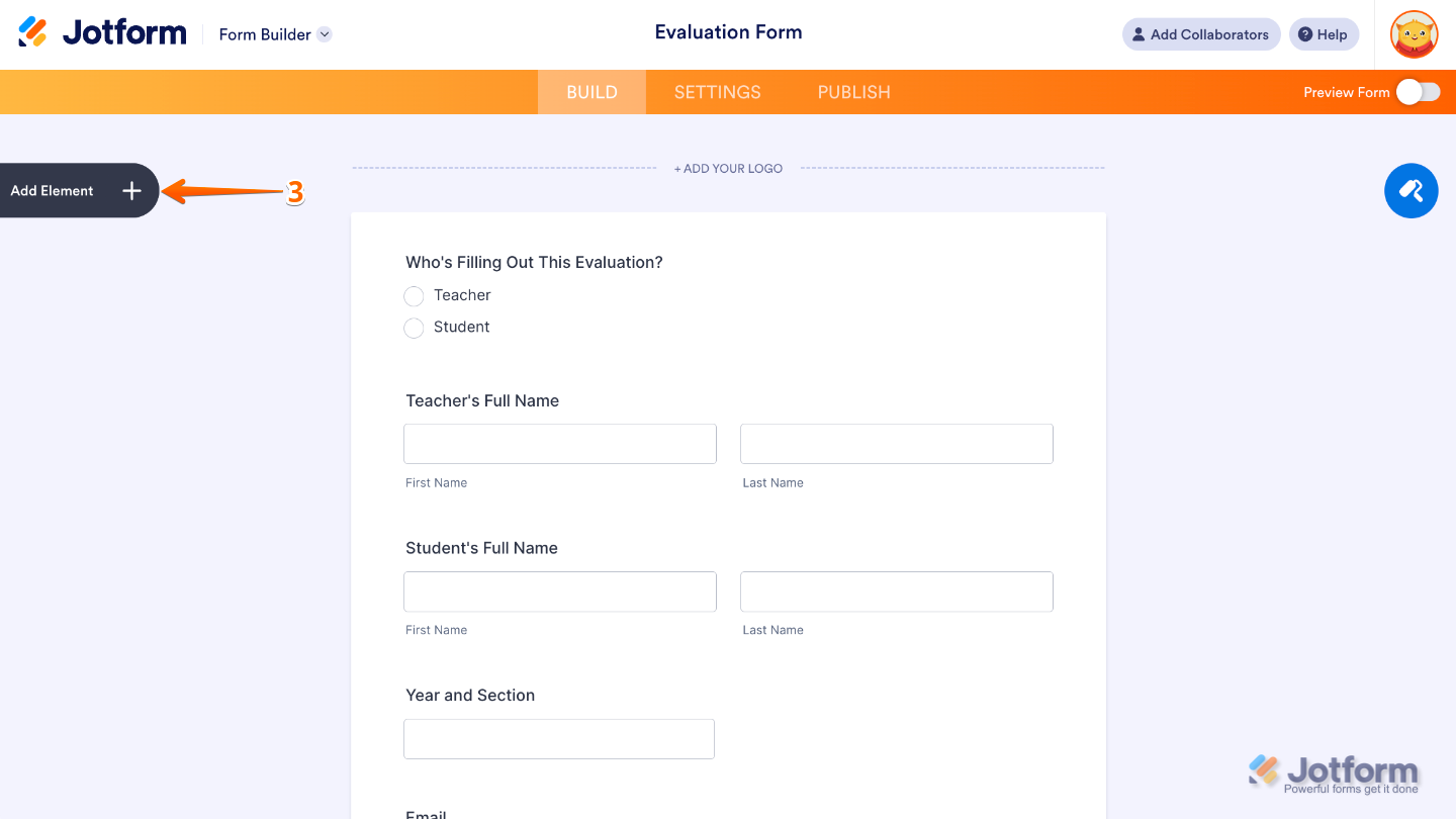 Form Builder interface showing the Add Element button on the left side of the page
