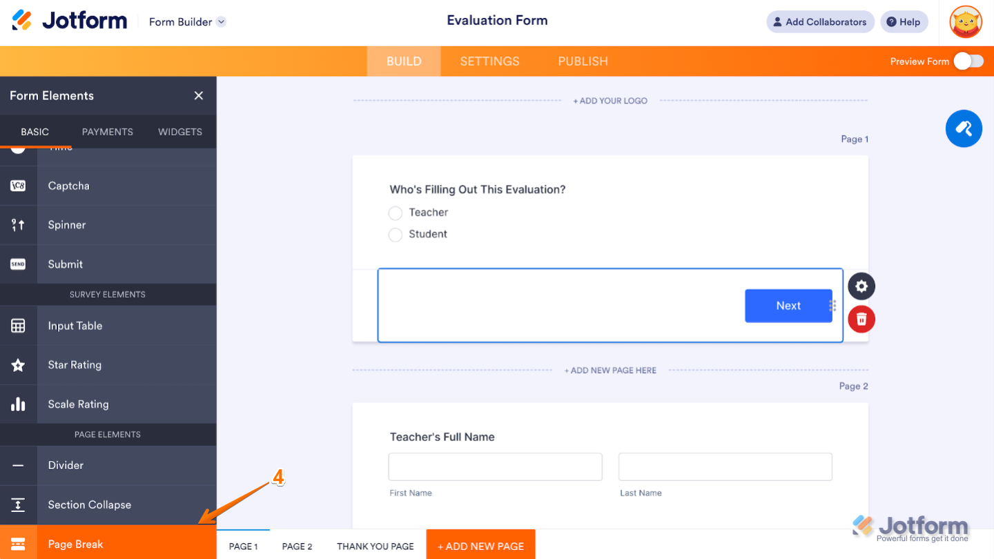 Form Elements menu under the Basic tab showing the Page Break element ready to be added to the form