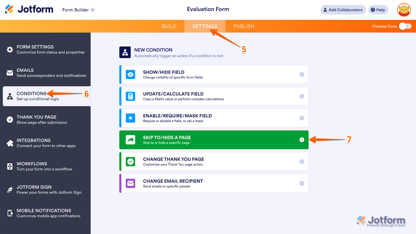 Form Builder Settings page showing the Conditions menu with the New Condition option Skip To/Hide a Page selected