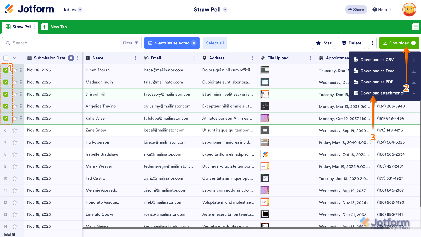 Form Tables showing selected submissions with the Download button displaying the number of selected items and the Download Attachments option highlighted