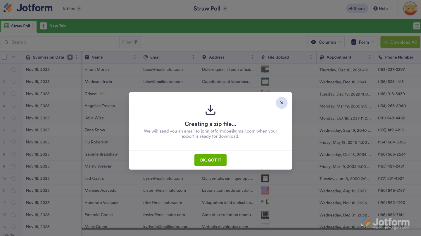 Form Tables pop-up notifying the user that uploaded files are being zipped and a download link will be sent via email