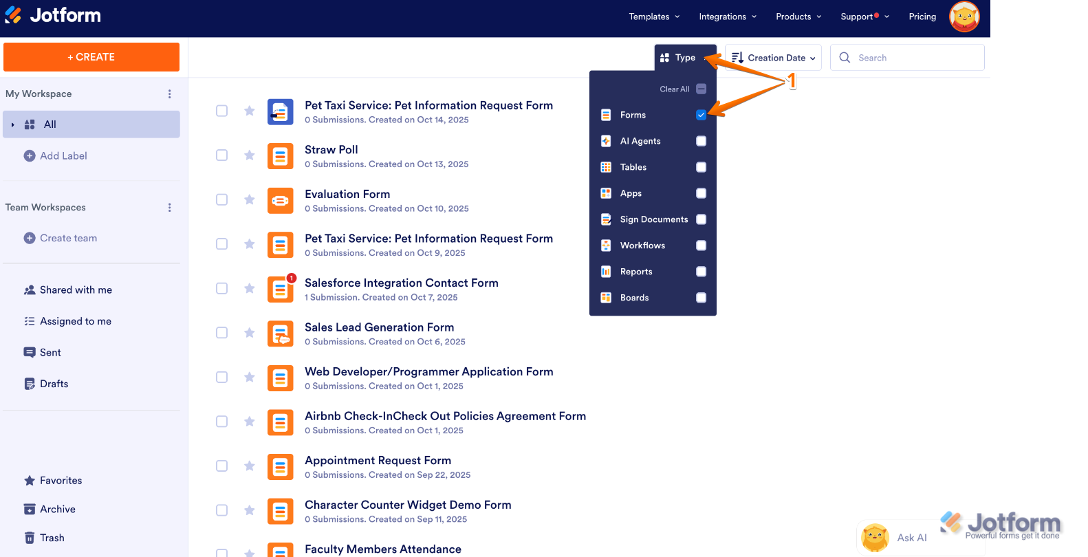 Workspace page showing the Type dropdown menu with only Forms selected and other asset types unchecked