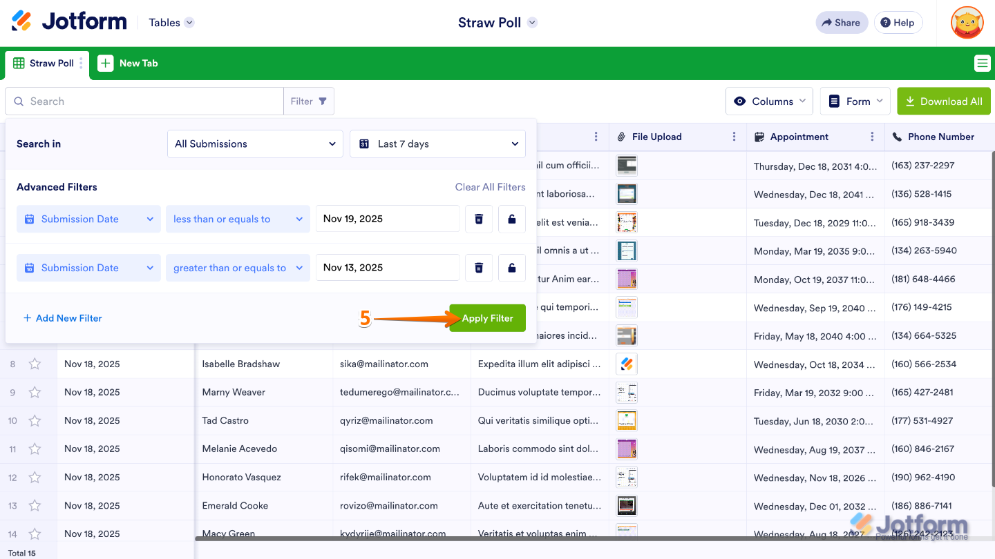 Form Tables interface showing the Apply Filter button clicked to activate the selected time filter