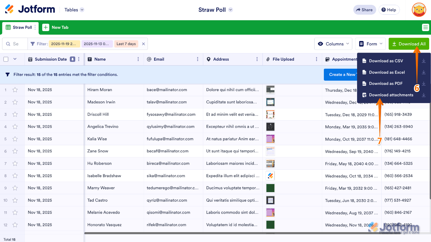 Form Tables interface showing the Download All button and the Download Attachments option selected from the menu