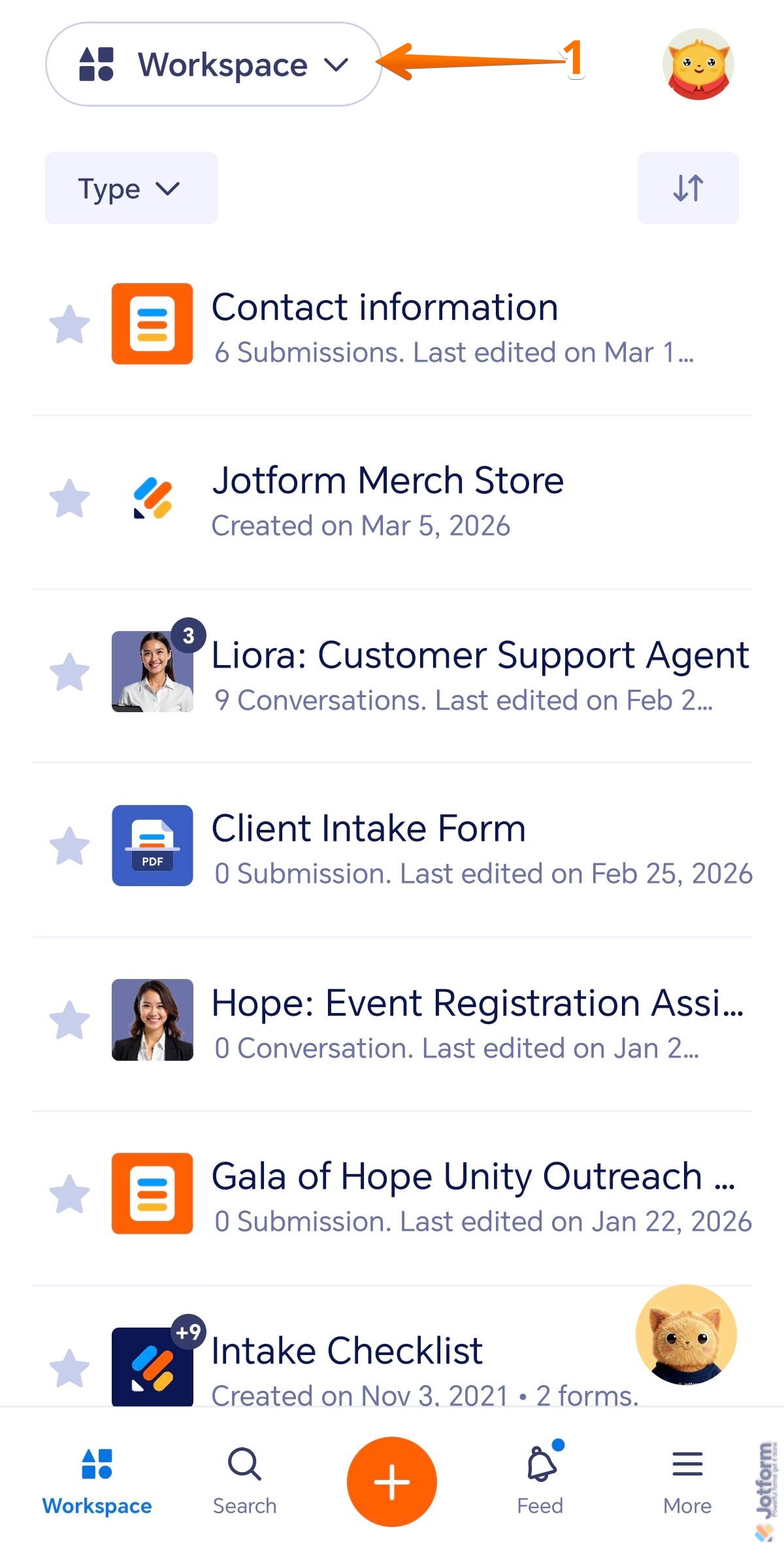 Workspace menu in the Jotform Mobile Forms app