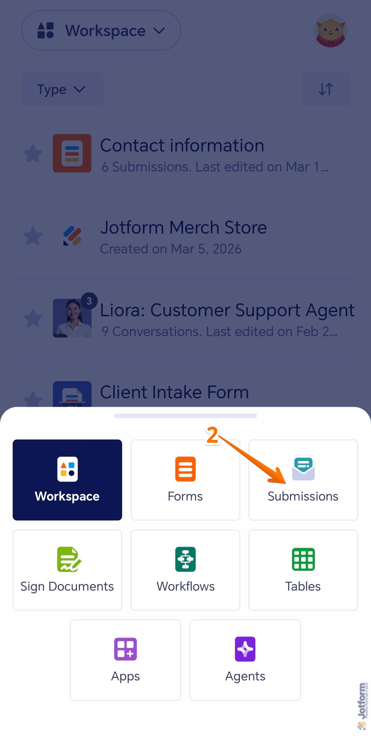Submissions option in the  Workspace menu of the Jotform Mobile Forms app