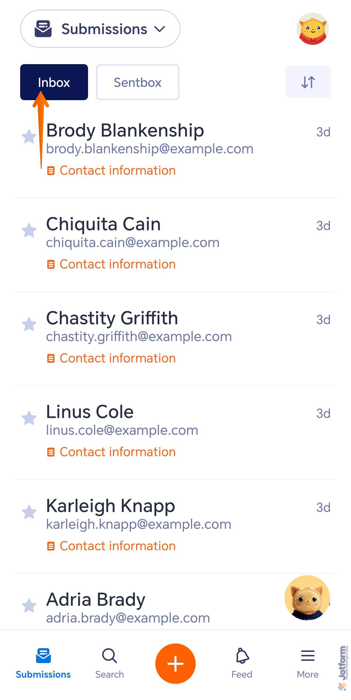 Inbox tab of the Submissions screen in the Jotform Mobile Forms app