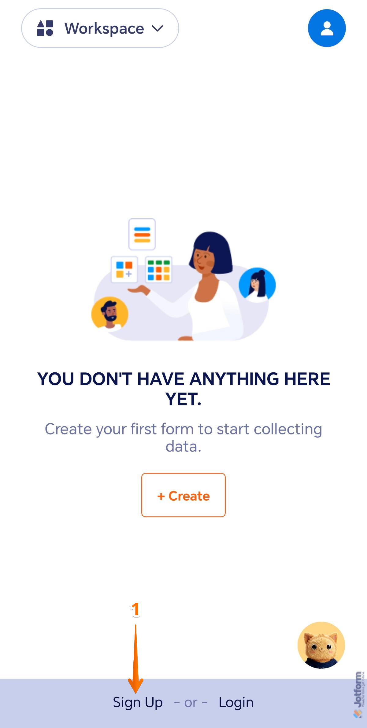 Sign up menu in the Jotform Mobile Forms app
