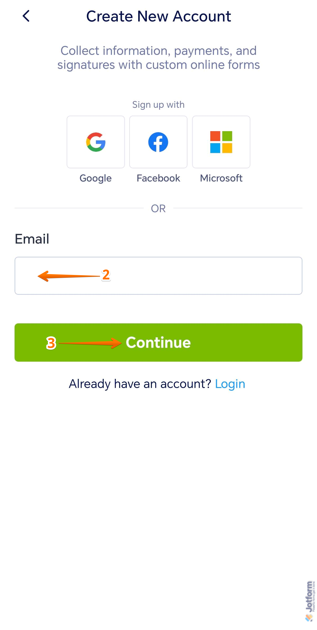 Create New Account screen of the Jotform Mobile Forms app