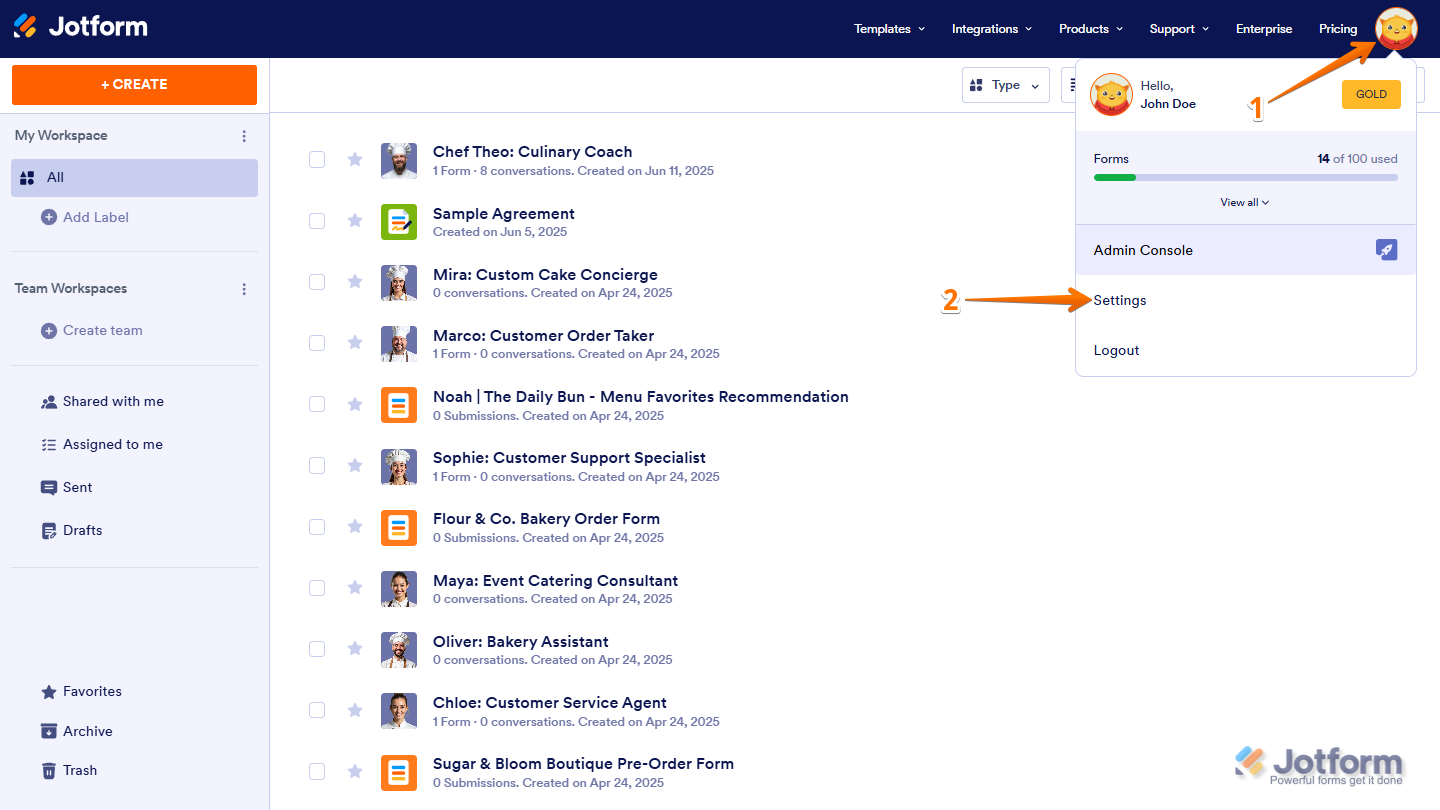 Jotform Workspace page with the user avatar menu open and the Settings option highlighted