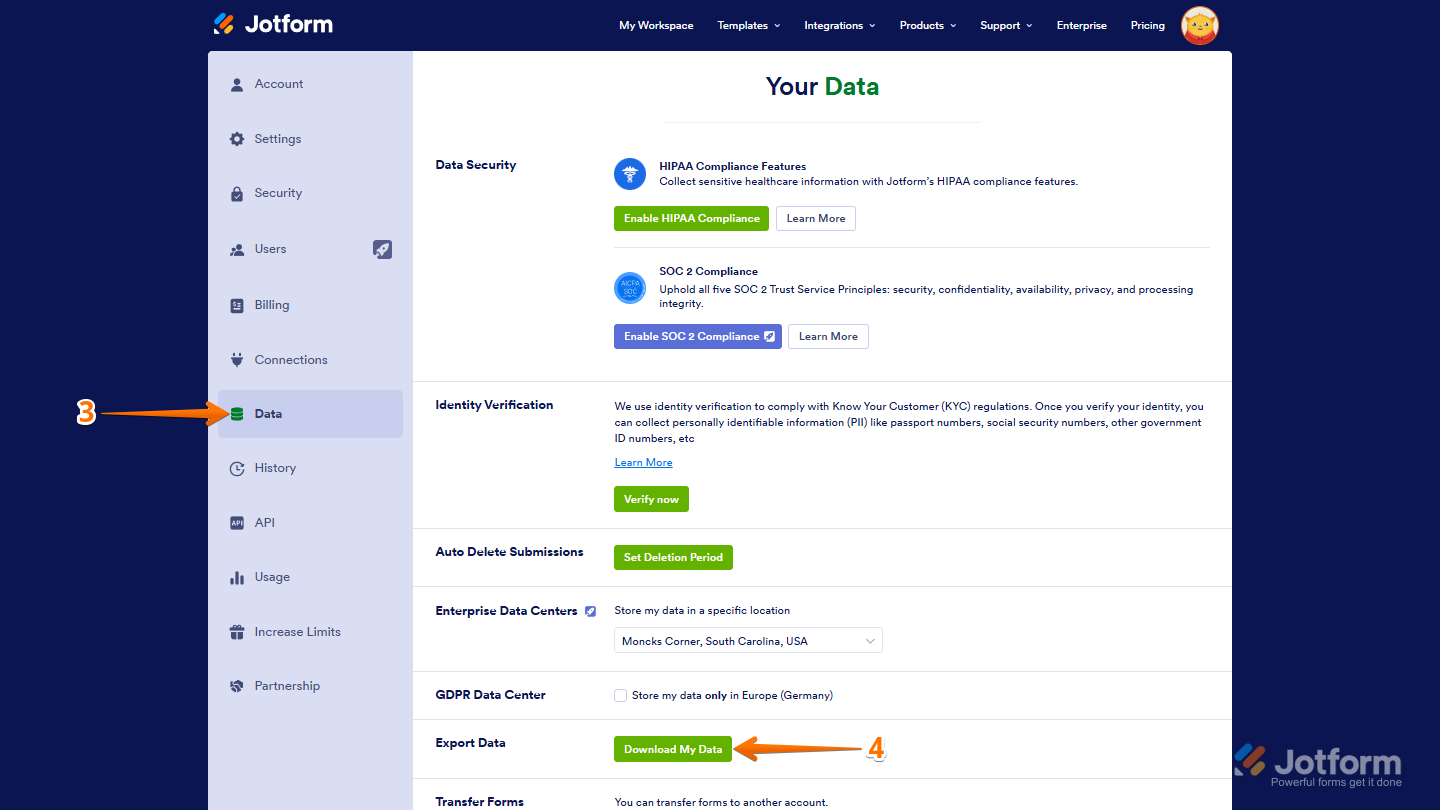 Jotform Account Settings page showing the Data menu selected and the Download My Data button highlighted in the Export Data section