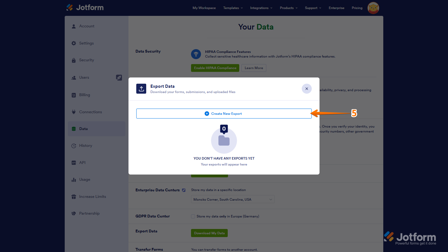Export Data window displaying the Create New Report button for generating a new data export in Jotform