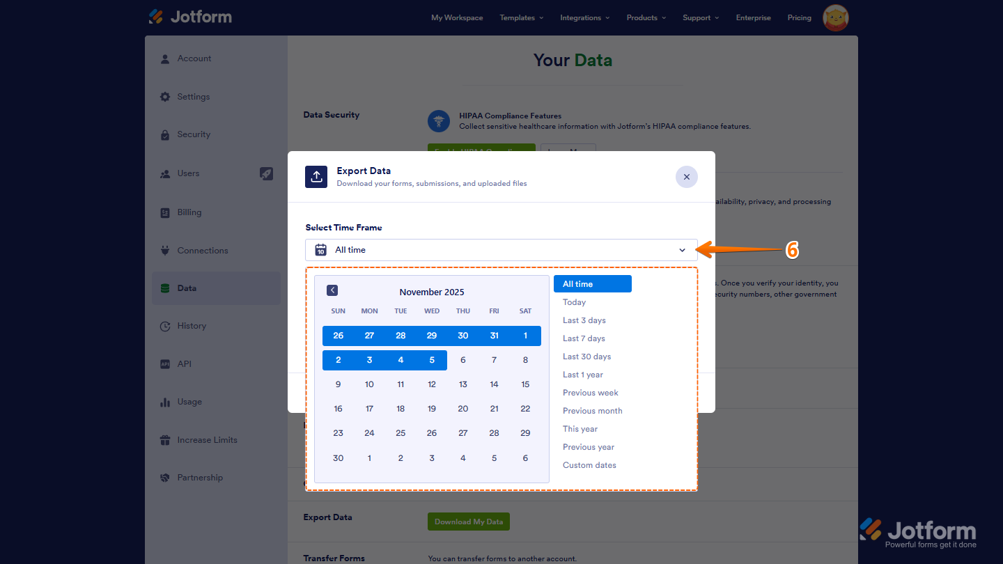 Select Time Frame section in the Export Data window, showing options to choose a custom date range or All Time for data download in Jotform
