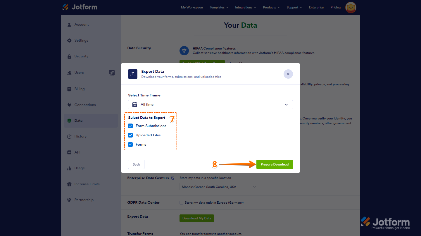 Select Data to Export section in the Export Data window, with checkboxes for different data types and a Prepare Download button in Jotform