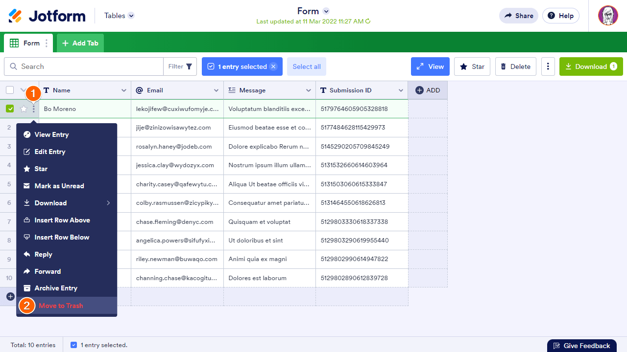 Steps to delete an entry in Jotform Tables Screenshot 10