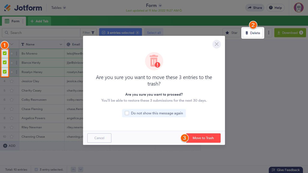 Steps to delete multiple entries in Jotform Tables Screenshot 10 Screenshot 10