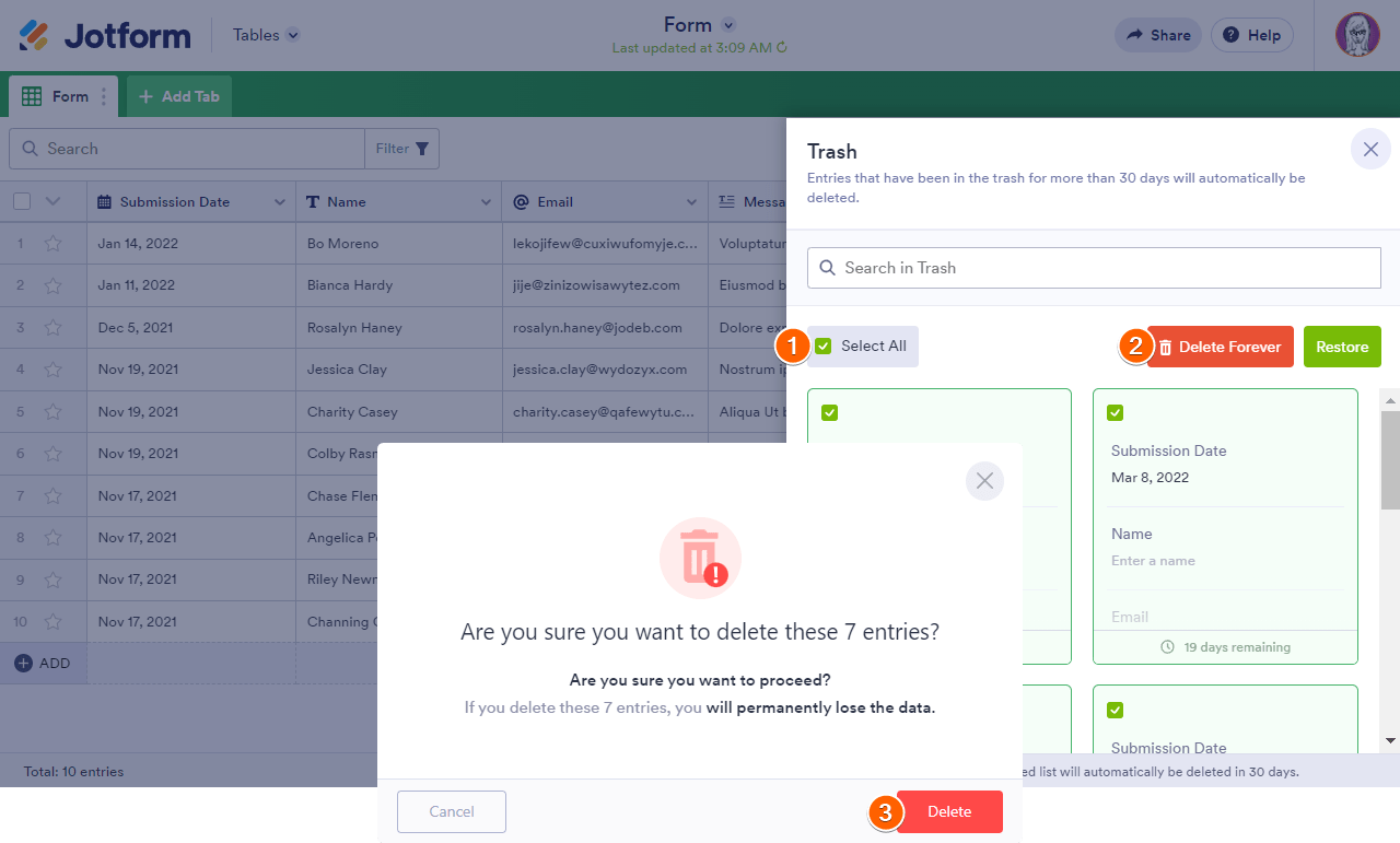 Steps to delete trashed entries in Jotform Tables Screenshot 21 Screenshot 32 Screenshot 32